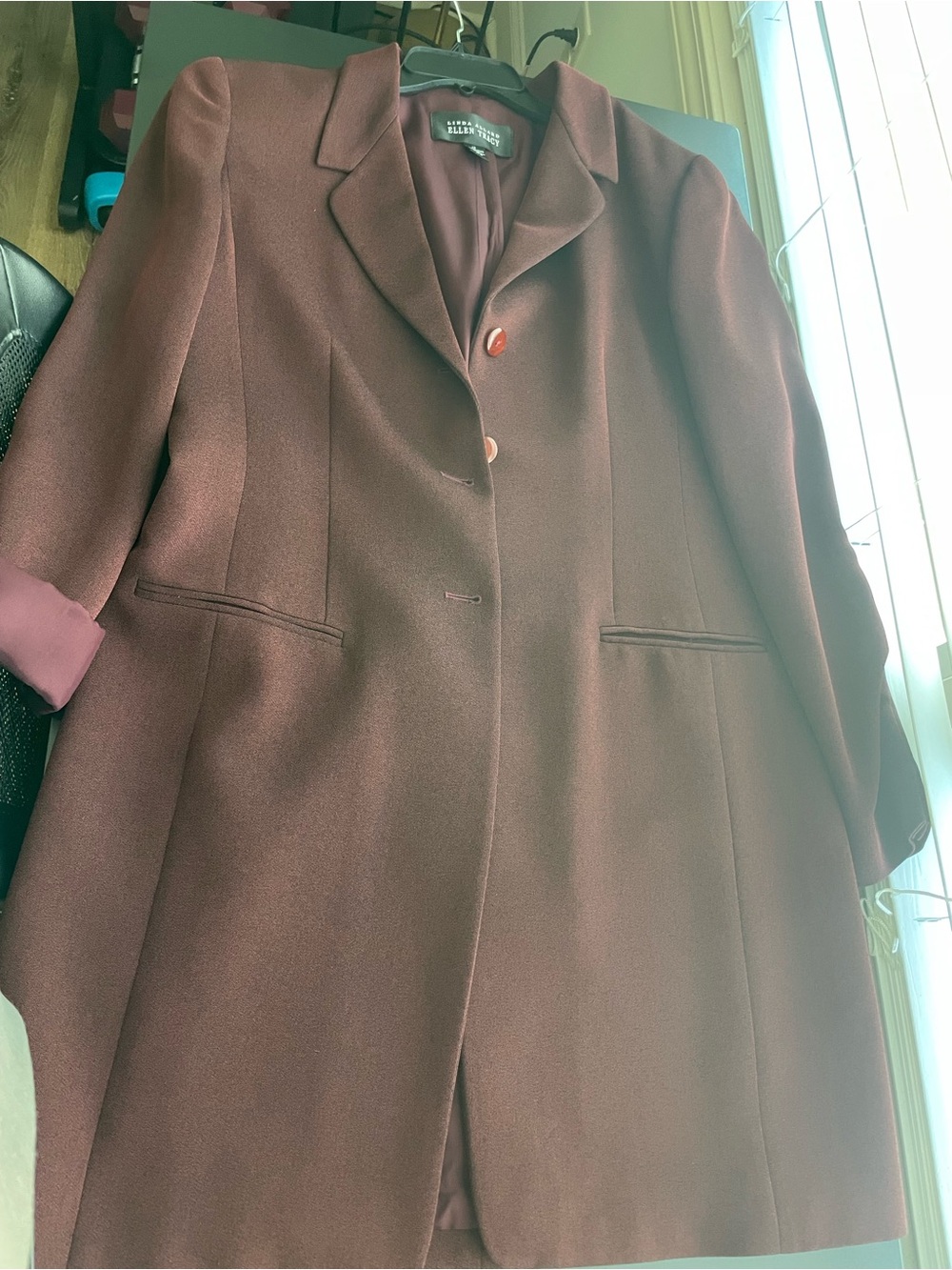 Ellen Tracy Maroon Single-Breasted Long Trench Coat